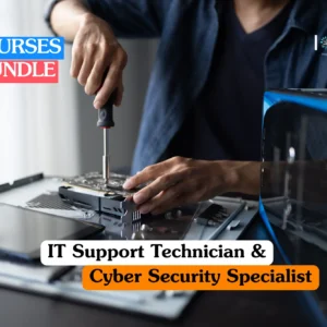 Theoretical information technology and network security training banner featuring a professional man in a grey suit working on a laptop in a high-tech server room environment with glowing blue data visualizations and server racks.