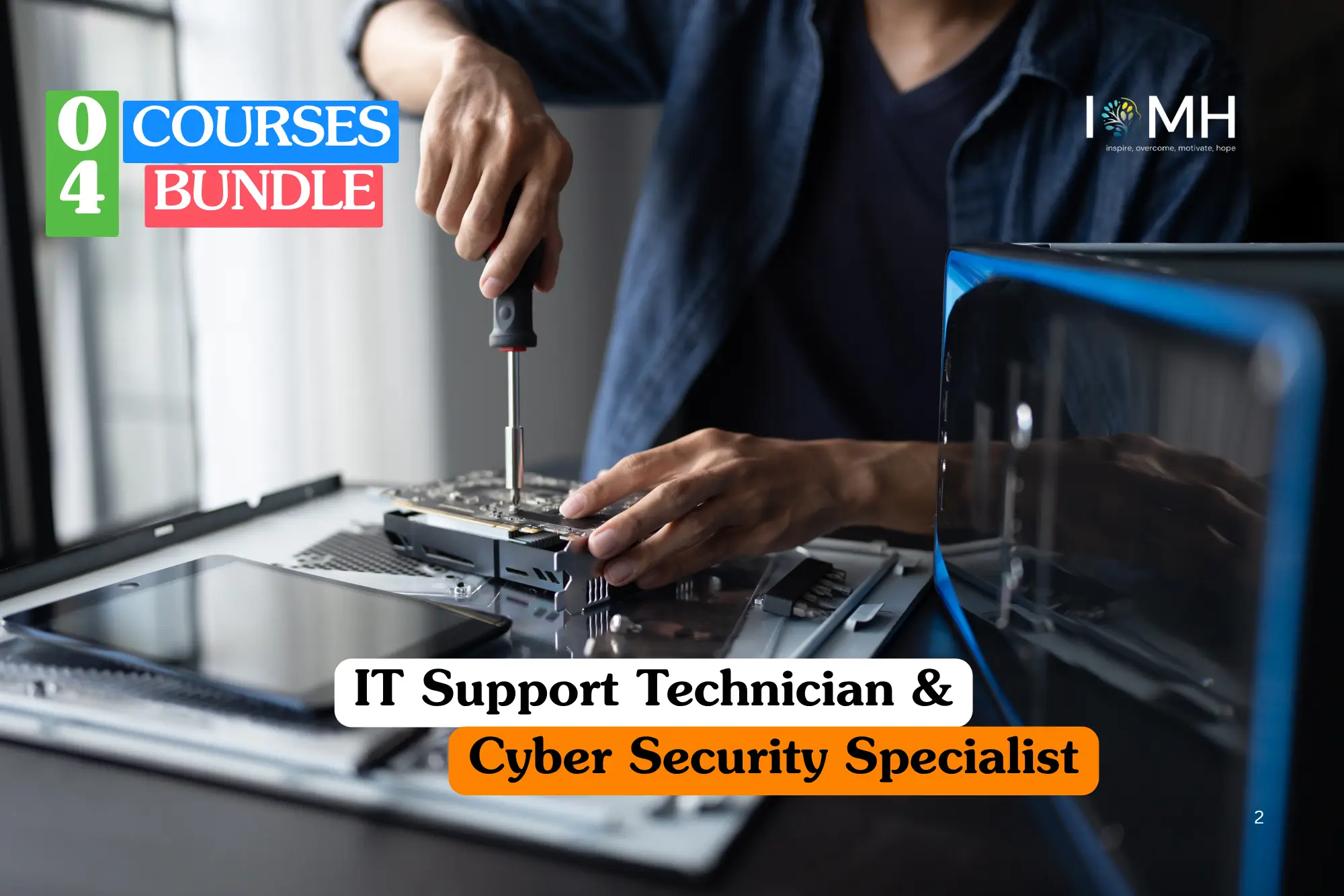 Theoretical information technology and network security training banner featuring a professional man in a grey suit working on a laptop in a high-tech server room environment with glowing blue data visualizations and server racks.