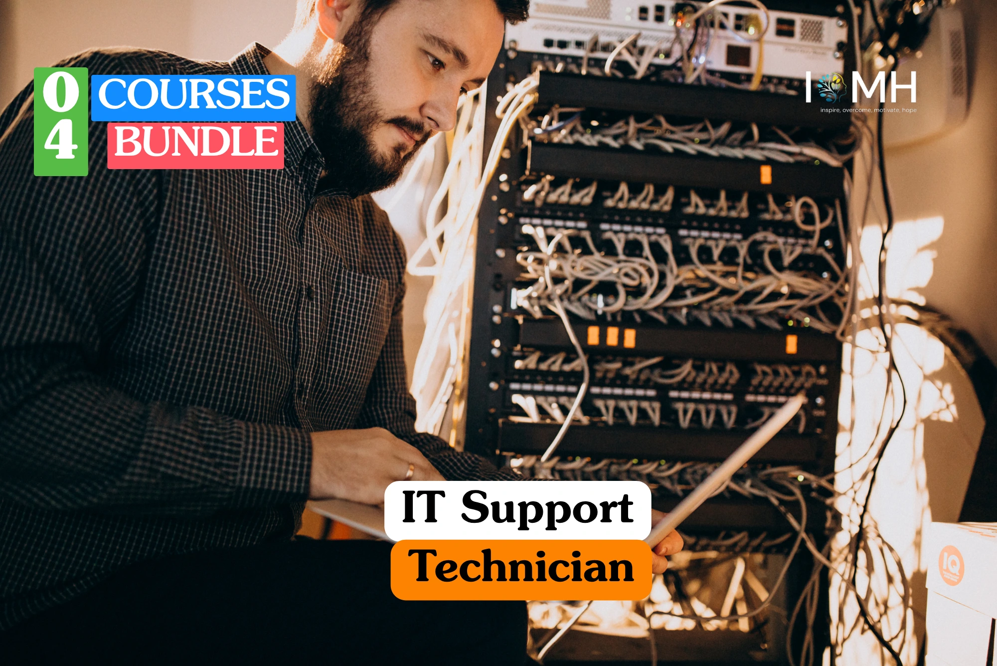 Theoretical information technology and hardware maintenance training banner featuring a male technician in a checkered shirt working on a laptop in front of a complex server rack with extensive network cabling.