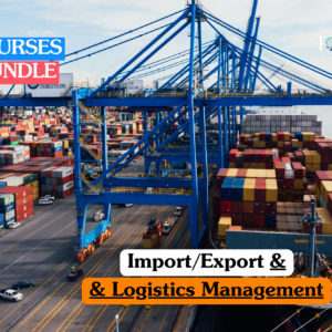 Import/export and logistics management training bundle banner showing a massive industrial container ship loaded with colorful shipping containers navigating through deep blue ocean waters.