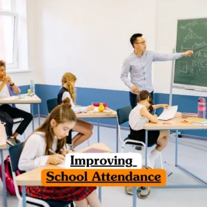 Theoretical education management and student welfare training banner featuring a male teacher using a pointer to explain mathematical formulas on a chalkboard to a class of attentive primary students, representing the study of engagement strategies and attendance monitoring protocols.