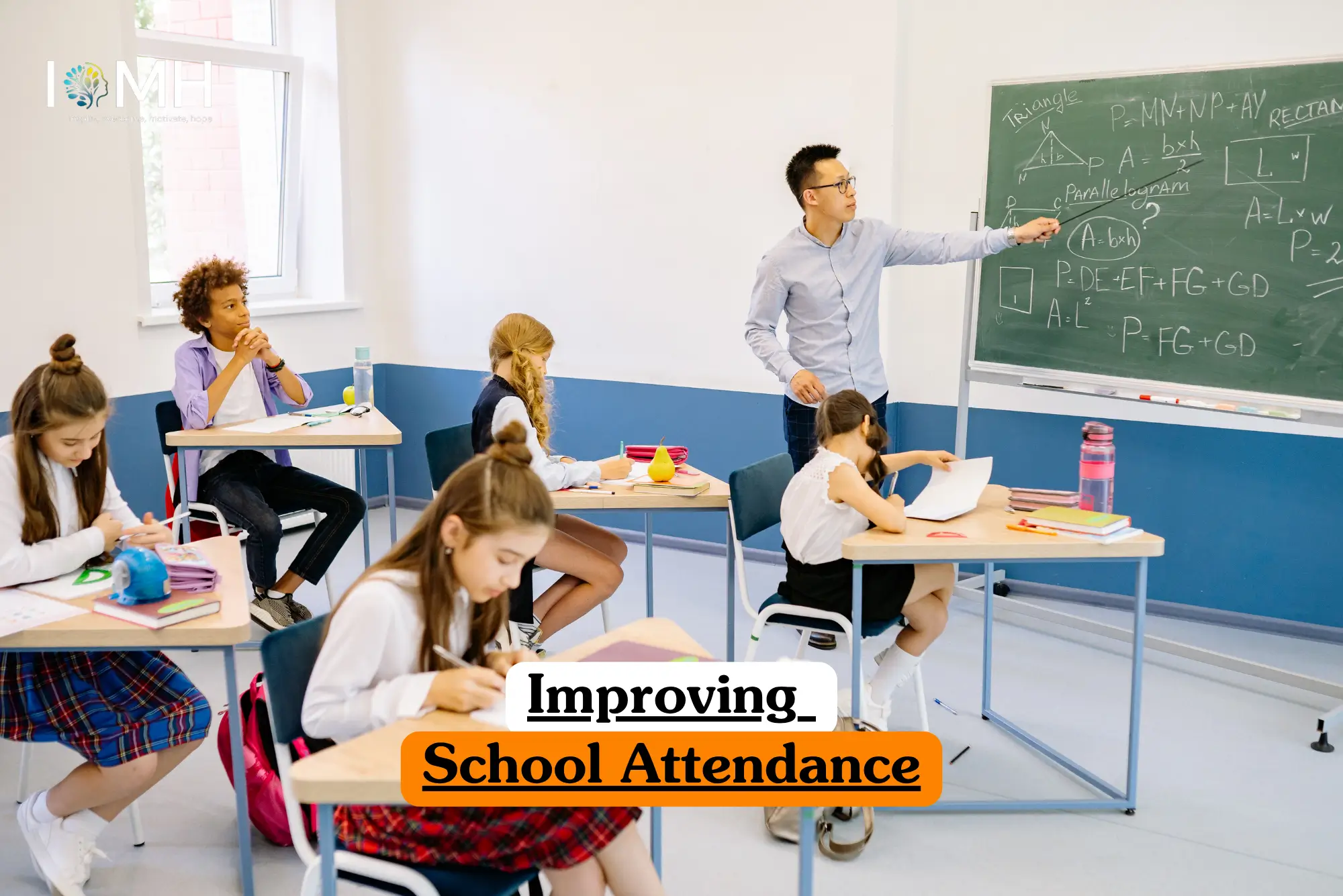 Theoretical education management and student welfare training banner featuring a male teacher using a pointer to explain mathematical formulas on a chalkboard to a class of attentive primary students, representing the study of engagement strategies and attendance monitoring protocols.