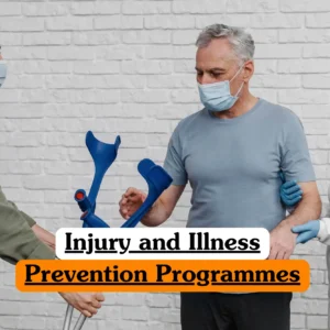 Healthcare safety training banner featuring a female doctor and assistant in surgical masks helping an elderly male patient with blue crutches in a clinical setting.