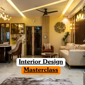 Theoretical luxury home styling and residential space planning training banner featuring a modern, high-end living room with a cream sofa, elegant gold lighting fixtures, marble flooring, and wood-paneled accent walls.