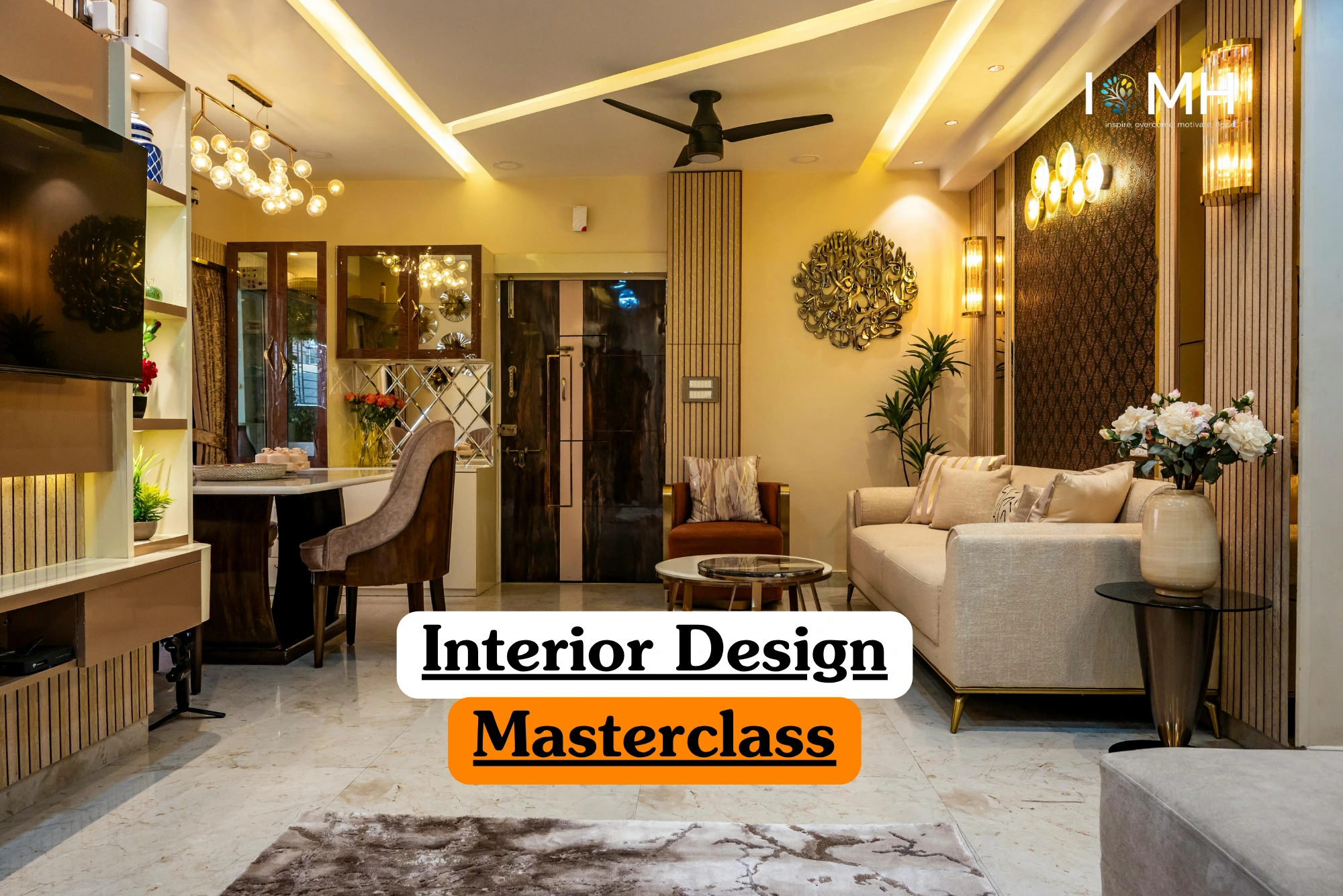 Theoretical luxury home styling and residential space planning training banner featuring a modern, high-end living room with a cream sofa, elegant gold lighting fixtures, marble flooring, and wood-paneled accent walls.