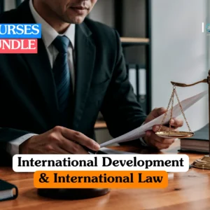 Theoretical legal studies and global policy training banner featuring a professional in a black suit reviewing documents at a desk next to a golden scale of justice.