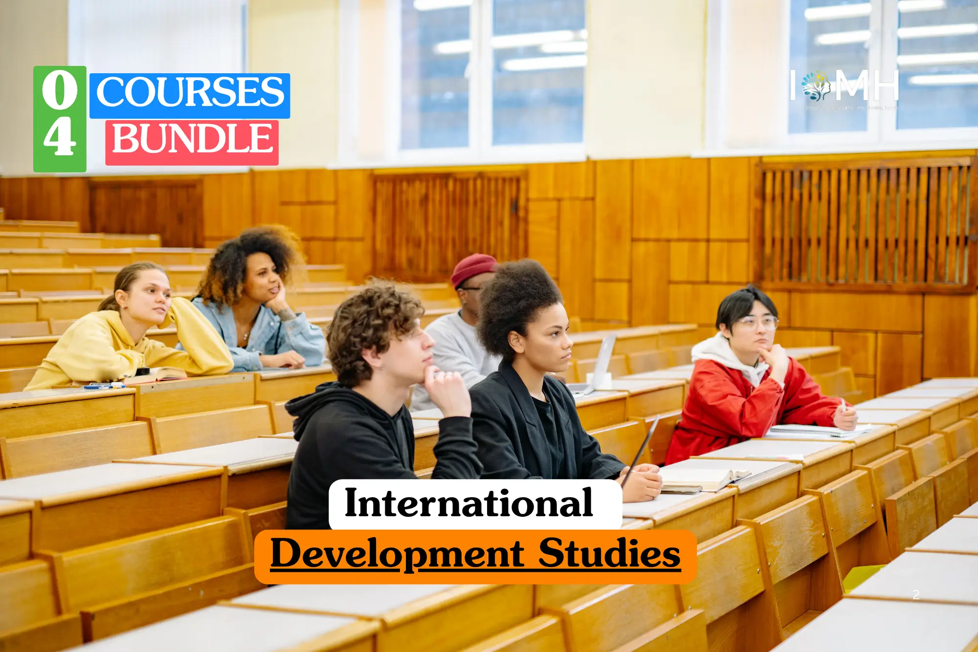 Theoretical global policy and social science training banner featuring a group of diverse students sitting in a traditional wood-paneled lecture theater, listening attentively during a university seminar.