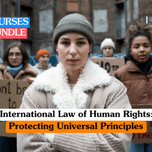 Human rights law training banner depicting a serious young woman in a beanie and fur-lined coat standing at the foreground of a peaceful protest, with other individuals holding cardboard signs in a city setting.