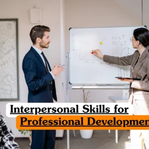 Business communication and leadership training banner featuring a female professional in a checkered blazer pointing to a whiteboard graph while a male colleague in a suit looks on during a presentation.