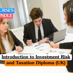 Theoretical financial services and UK taxation training banner featuring a professional team of three engaged in a consultation around a white desk with charts and a laptop.