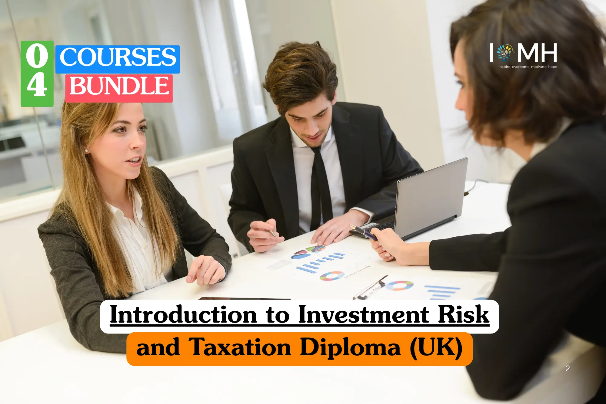 Theoretical financial services and UK taxation training banner featuring a professional team of three engaged in a consultation around a white desk with charts and a laptop.