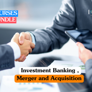 Investment banking training banner featuring a close-up of two business professionals in formal suits completing a merger and acquisition agreement with a firm handshake over corporate documents and a digital tablet.