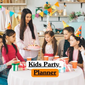 Event planning and professional leisure training banner featuring a group of children in party hats sitting around a table while a woman presents a birthday cake with lit candles.