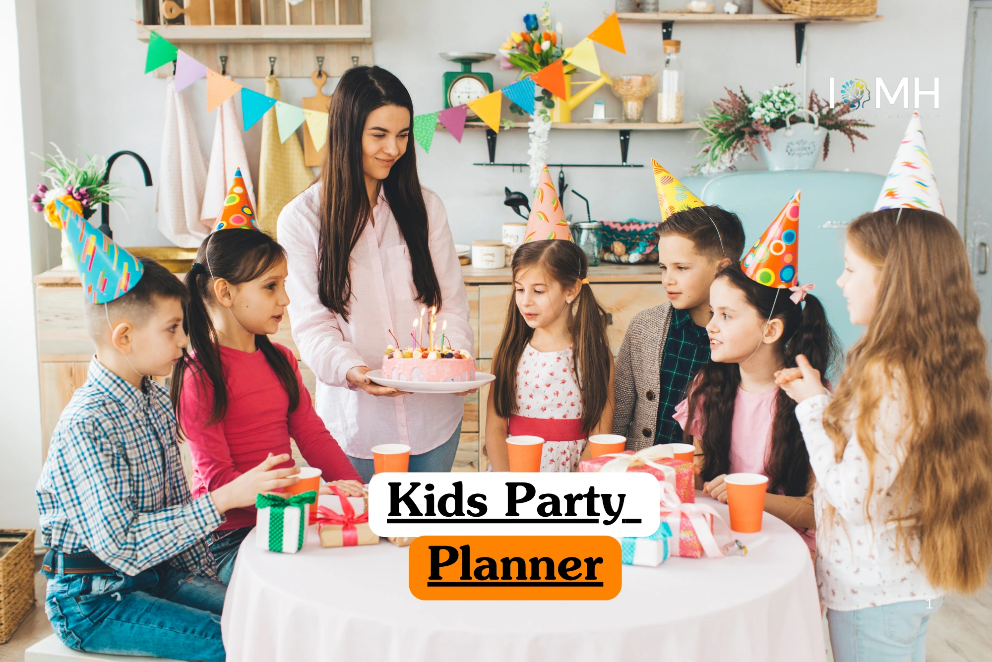 Event planning and professional leisure training banner featuring a group of children in party hats sitting around a table while a woman presents a birthday cake with lit candles.