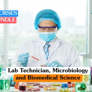 Microbiology and biomedical science training banner featuring a lab technician in a white coat, hairnet, and face mask, using a pipette to add a red sample to a petri dish in a professional laboratory.