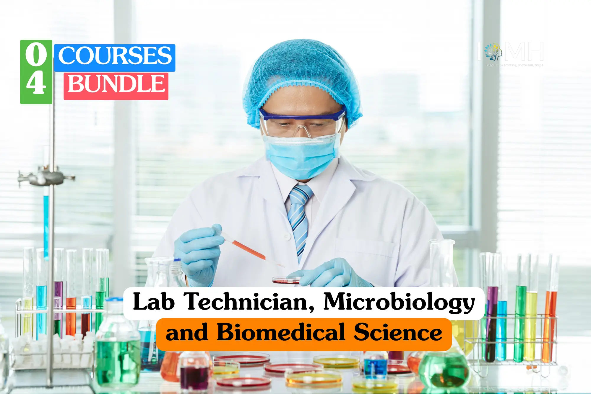 Microbiology and biomedical science training banner featuring a lab technician in a white coat, hairnet, and face mask, using a pipette to add a red sample to a petri dish in a professional laboratory.