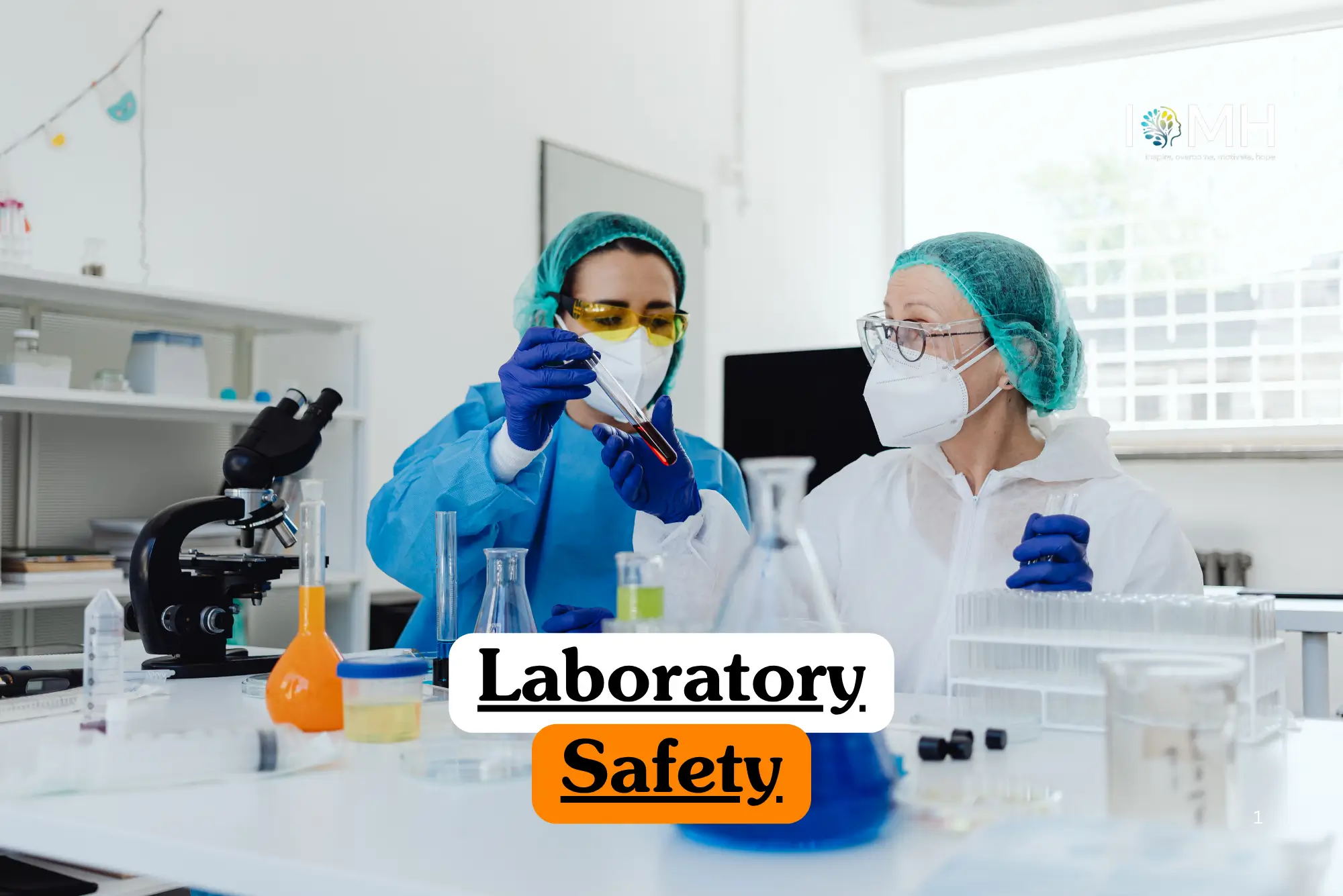Science and safety training banner featuring two lab technicians in full protective gear, including hairnets, masks, and gloves, carefully inspecting a test tube in a clinical laboratory setting.
