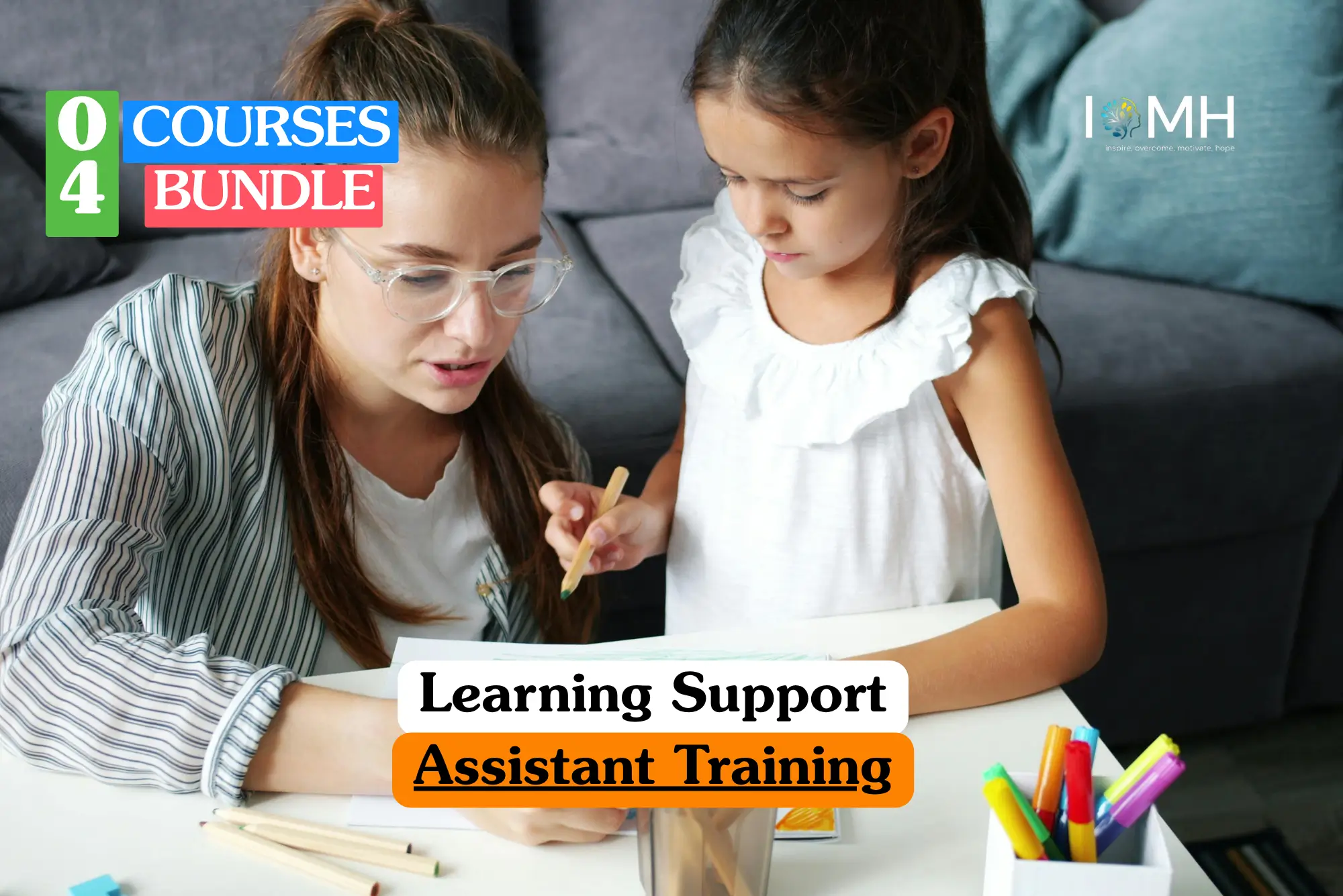 Theoretical educational support and pedagogical training banner featuring a female learning assistant in glasses sitting at a white desk, providing focused academic guidance to a young student during a drawing activity.