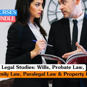 Legal and paralegal professional training banner featuring a woman and a man in professional business attire collaborating over an open legal document or reference manual.