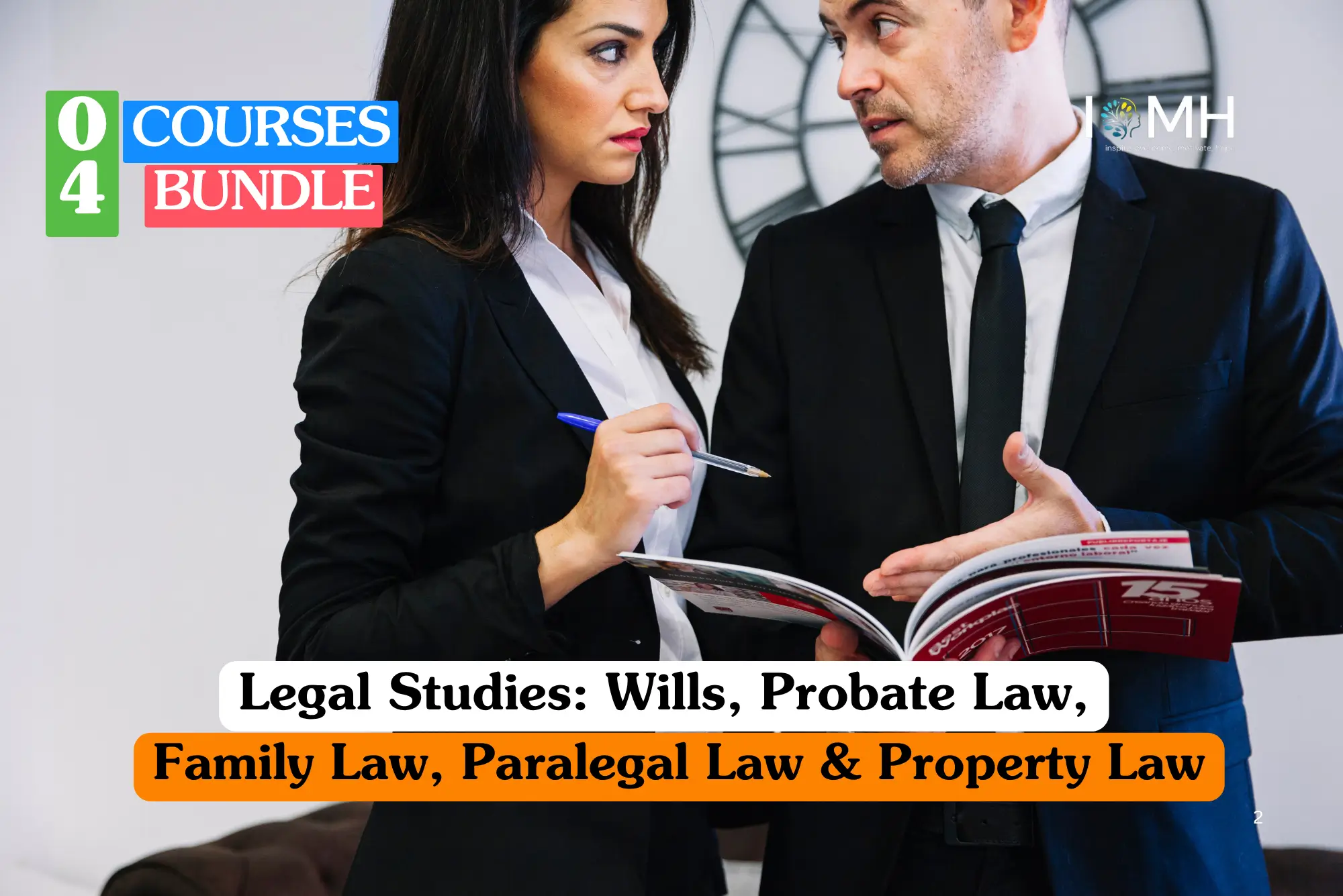Legal and paralegal professional training banner featuring a woman and a man in professional business attire collaborating over an open legal document or reference manual.