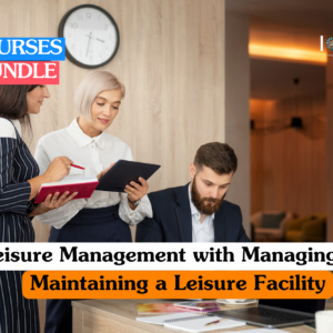 Leisure management training banner showing three focused professionals in a contemporary administrative setting reviewing digital data on a tablet and taking notes in a red planner.