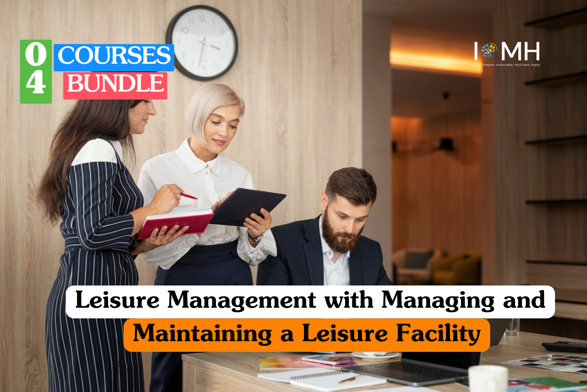 Leisure management training banner showing three focused professionals in a contemporary administrative setting reviewing digital data on a tablet and taking notes in a red planner.