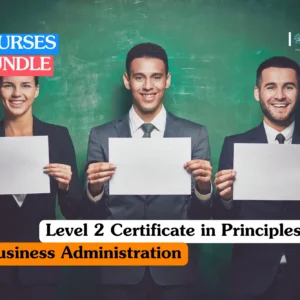 Business administration training banner featuring a diverse team of professionals in business casual attire collaborating in a modern office, with one woman presenting data on a laptop to her colleagues.