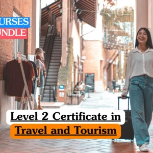 Theoretical hospitality and global tourism training banner featuring a smiling female traveler with a suitcase walking through a modern outdoor shopping and leisure district, representing the study of travel agency operations, customer service in tourism, and international destination management.