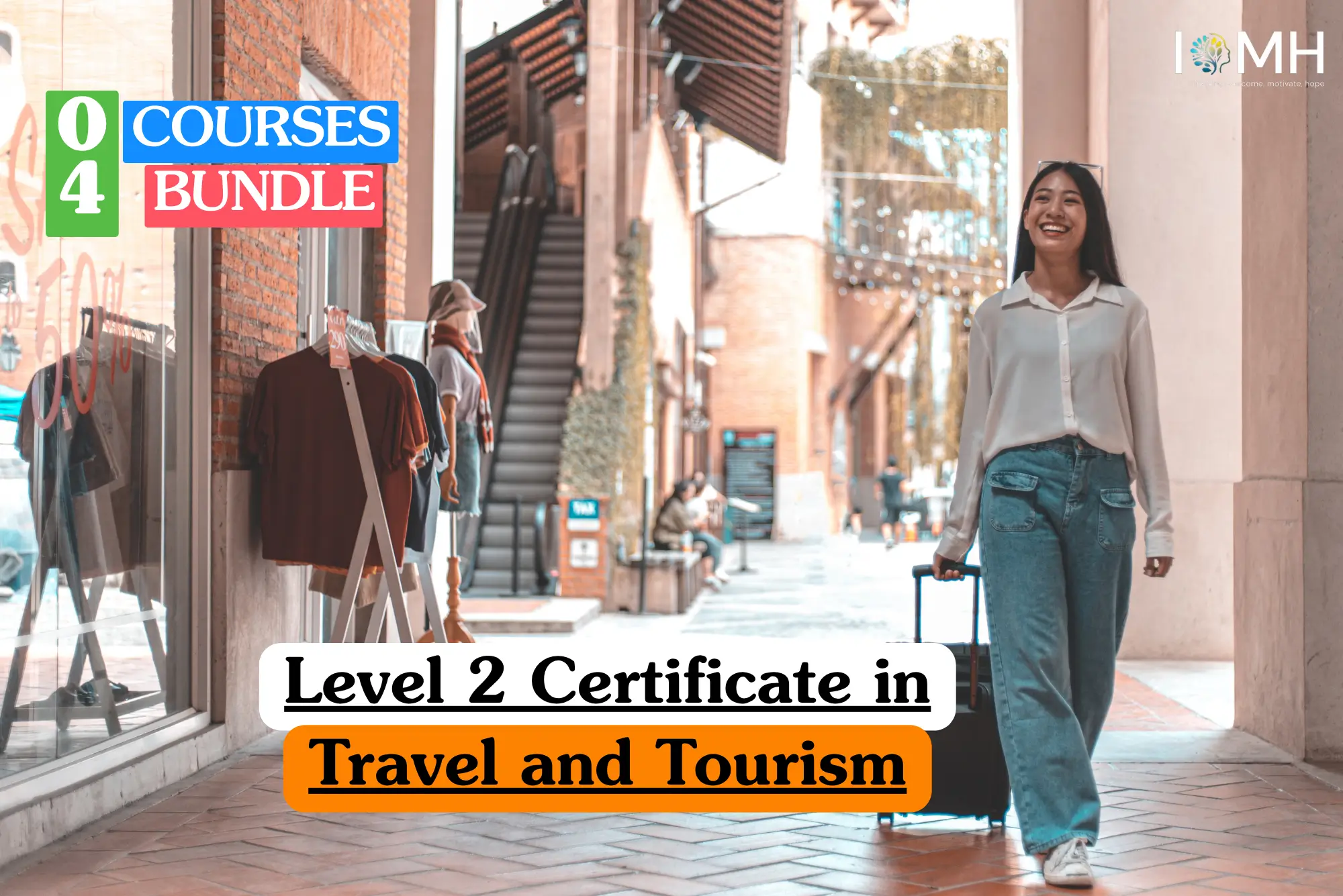 Theoretical hospitality and global tourism training banner featuring a smiling female traveler with a suitcase walking through a modern outdoor shopping and leisure district, representing the study of travel agency operations, customer service in tourism, and international destination management.
