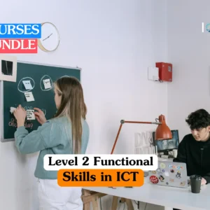 Theoretical information technology and digital literacy training banner featuring a collaborative office space where a woman in a sage sweater places sticky notes on a green chalkboard and a man in a black hoodie works on a laptop at a white desk.