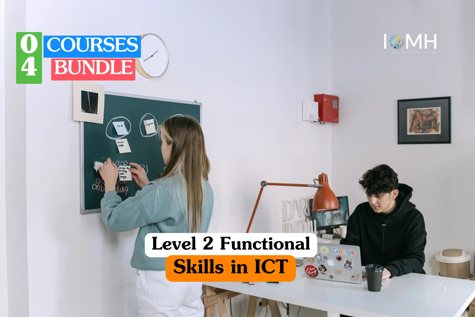 Theoretical information technology and digital literacy training banner featuring a collaborative office space where a woman in a sage sweater places sticky notes on a green chalkboard and a man in a black hoodie works on a laptop at a white desk.