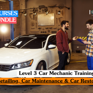 Level 3 car mechanic training banner showing a male student in a maroon jacket receiving car keys from a professional mechanic in blue overalls next to a white sedan in a garage.