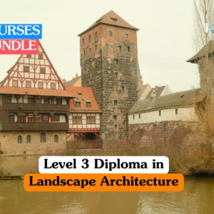 Theoretical environmental design and garden architecture training banner featuring a top-down view of a professional designer’s workspace with a detailed landscape plan, color swatches, a laptop, and a compass tool.