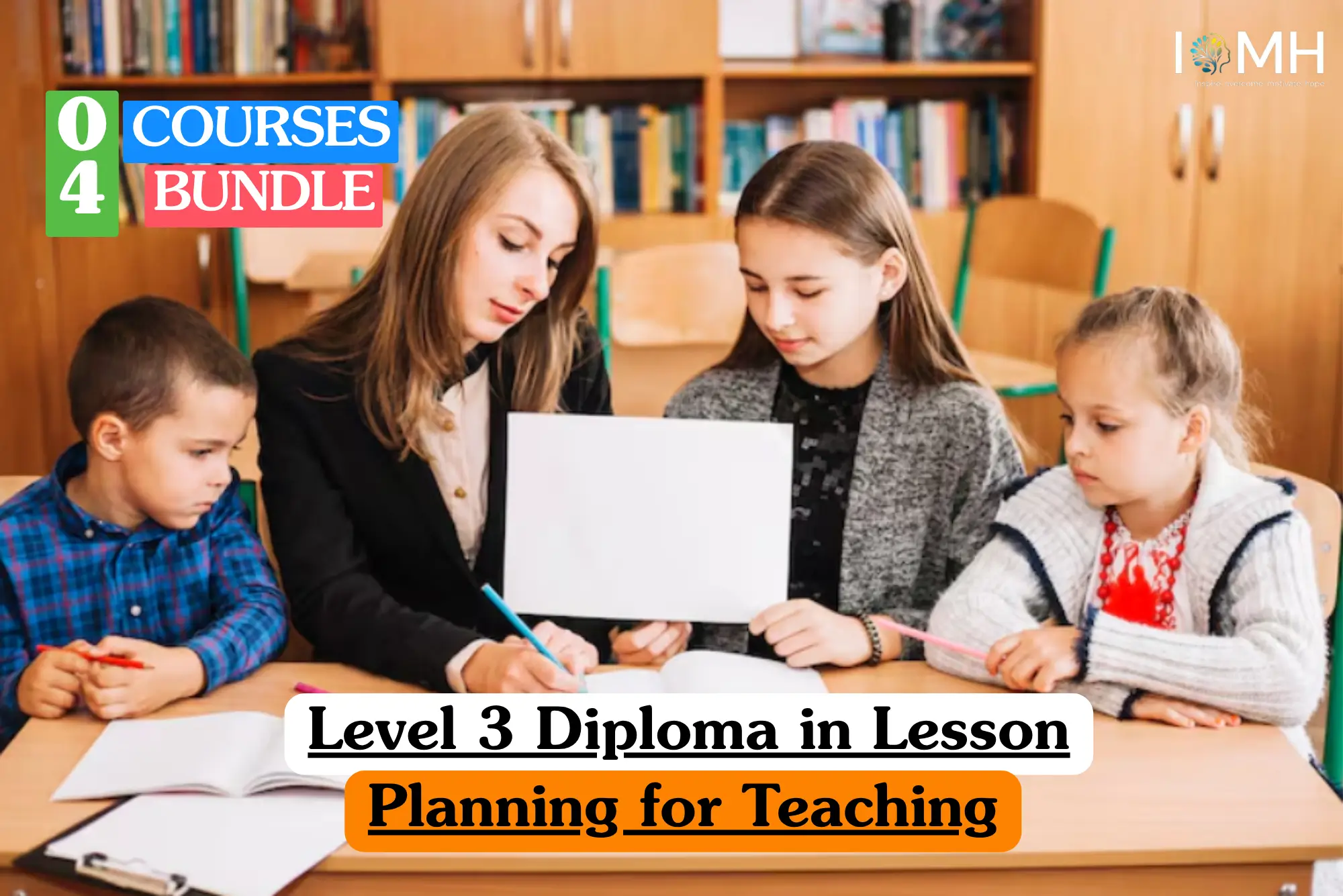 Theoretical education and pedagogical training banner featuring a diverse group of primary school students raising their hands in a vibrant classroom while a female teacher facilitates the session, representing the study of instructional design, classroom engagement strategies, and formal lesson planning frameworks.