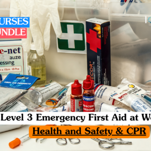 Level 3 Emergency First Aid at Work bundle banner featuring an array of medical supplies including gauze dressings, antiseptic liquid, bandages, and a first aid kit for workplace safety training.
