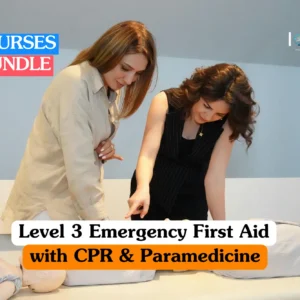 Theoretical emergency medical response and lifesaving skills training banner featuring two female professionals in smart-casual attire demonstrating chest compression techniques on a medical manikin in a bright training room.