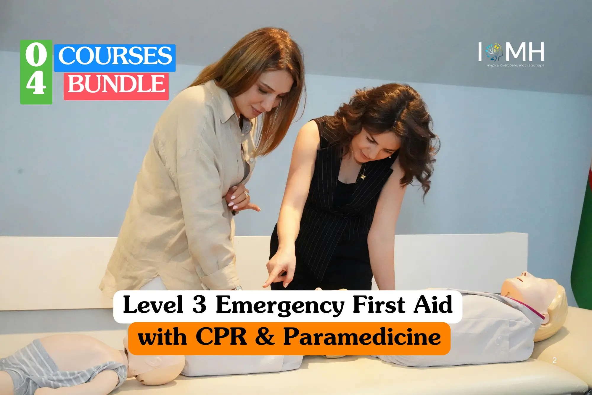 Theoretical emergency medical response and lifesaving skills training banner featuring two female professionals in smart-casual attire demonstrating chest compression techniques on a medical manikin in a bright training room.