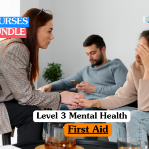 Level 3 Mental Health First Aid training banner featuring a supportive professional woman in a grey sweater sitting on a sofa and engaging in a compassionate conversation with a young man.
