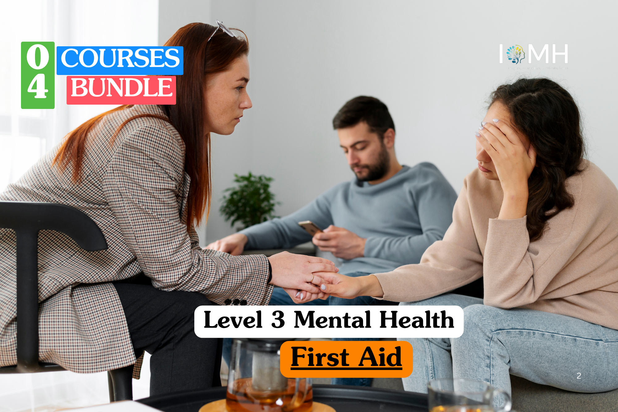 Level 3 Mental Health First Aid training banner featuring a supportive professional woman in a grey sweater sitting on a sofa and engaging in a compassionate conversation with a young man.