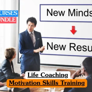 Theoretical personal development and professional coaching training banner featuring a male instructor in a blue suit presenting a "New Mindset to New Results" framework to a group of corporate learners, representing the study of motivational psychology, goal setting, and behavioral change coaching.