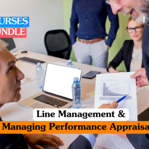 Line management training banner showing a senior manager in a suit pointing to a Pareto chart and performance data while conducting an appraisal meeting with an employee in a professional office setting.