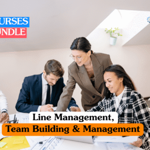 Theoretical organizational leadership and personnel management training banner featuring a female manager in a brown blazer and glasses leaning over a white table to guide two colleagues through strategic data on a laptop.