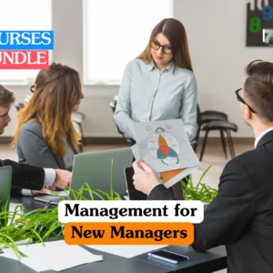 Corporate leadership and team management training banner featuring a female professional leading a meeting with three colleagues around a desk with laptops and data charts.