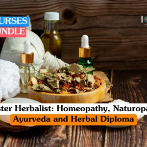 Theoretical holistic health and alternative medicine training banner featuring a top-down view of a dark wooden surface arranged with dried hibiscus flowers, glass dropper bottles of essential oils, small wooden bowls of herbs, and fresh green leaves.