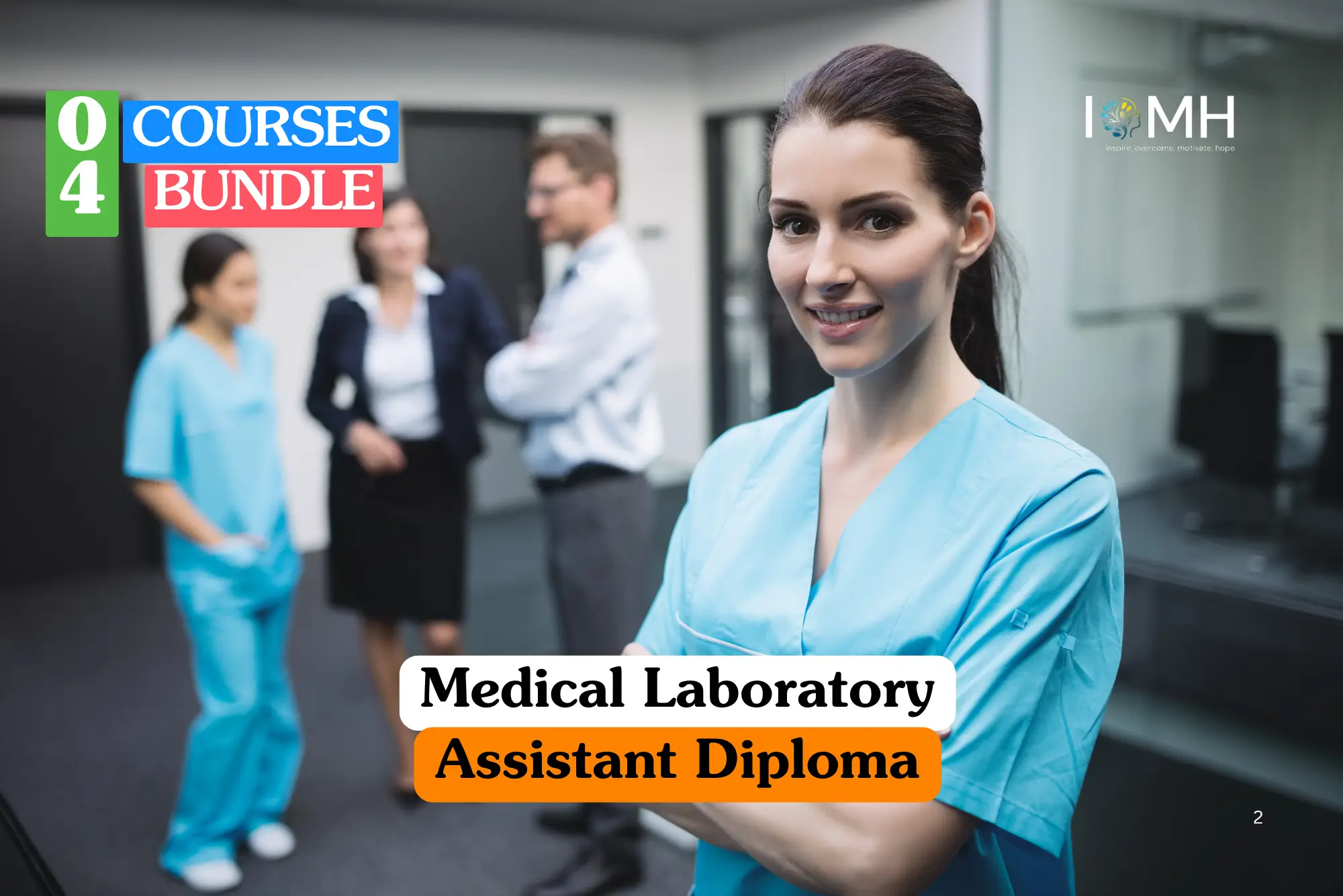 Theoretical healthcare and clinical science training banner featuring a smiling female medical professional in light blue scrubs standing in a modern clinic corridor, with colleagues blurred in the background.