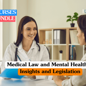 Medical law training banner showing a legal professional in a dark suit holding a wooden gavel over a desk with a stethoscope and medical documents, representing healthcare legislation and mental health law.