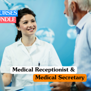 Medical receptionist training banner featuring a friendly female professional in a white medical coat smiling and assisting an elderly male patient at a modern blue reception desk.