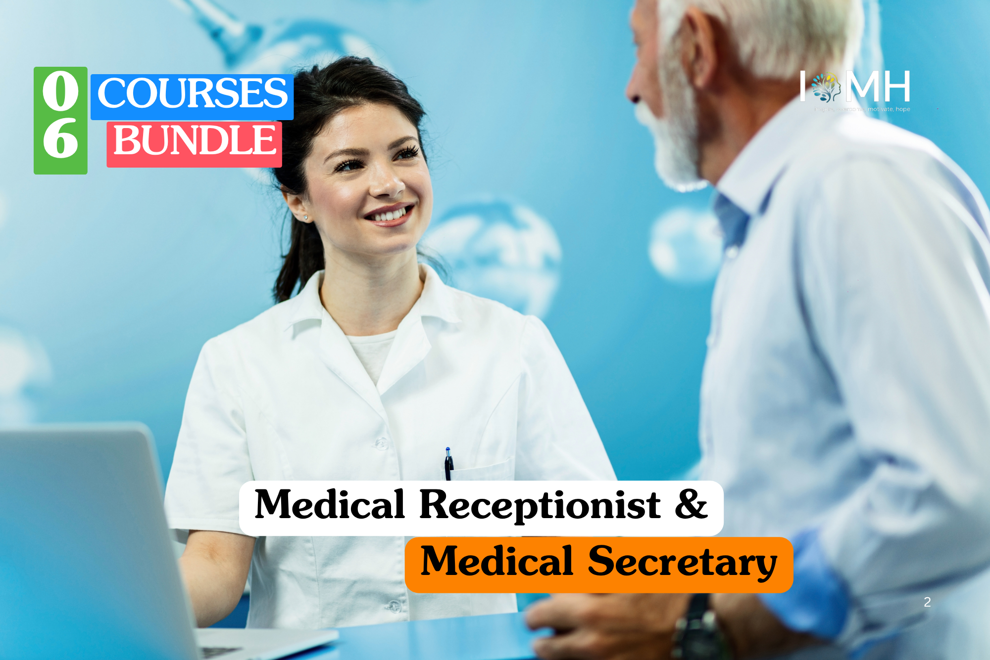 Medical receptionist training banner featuring a friendly female professional in a white medical coat smiling and assisting an elderly male patient at a modern blue reception desk.
