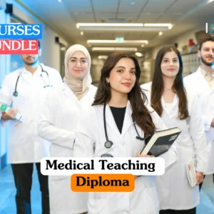 Theoretical medical education and clinical instruction training banner featuring a diverse group of five healthcare professionals in white laboratory coats standing in a modern hospital corridor while holding medical textbooks.