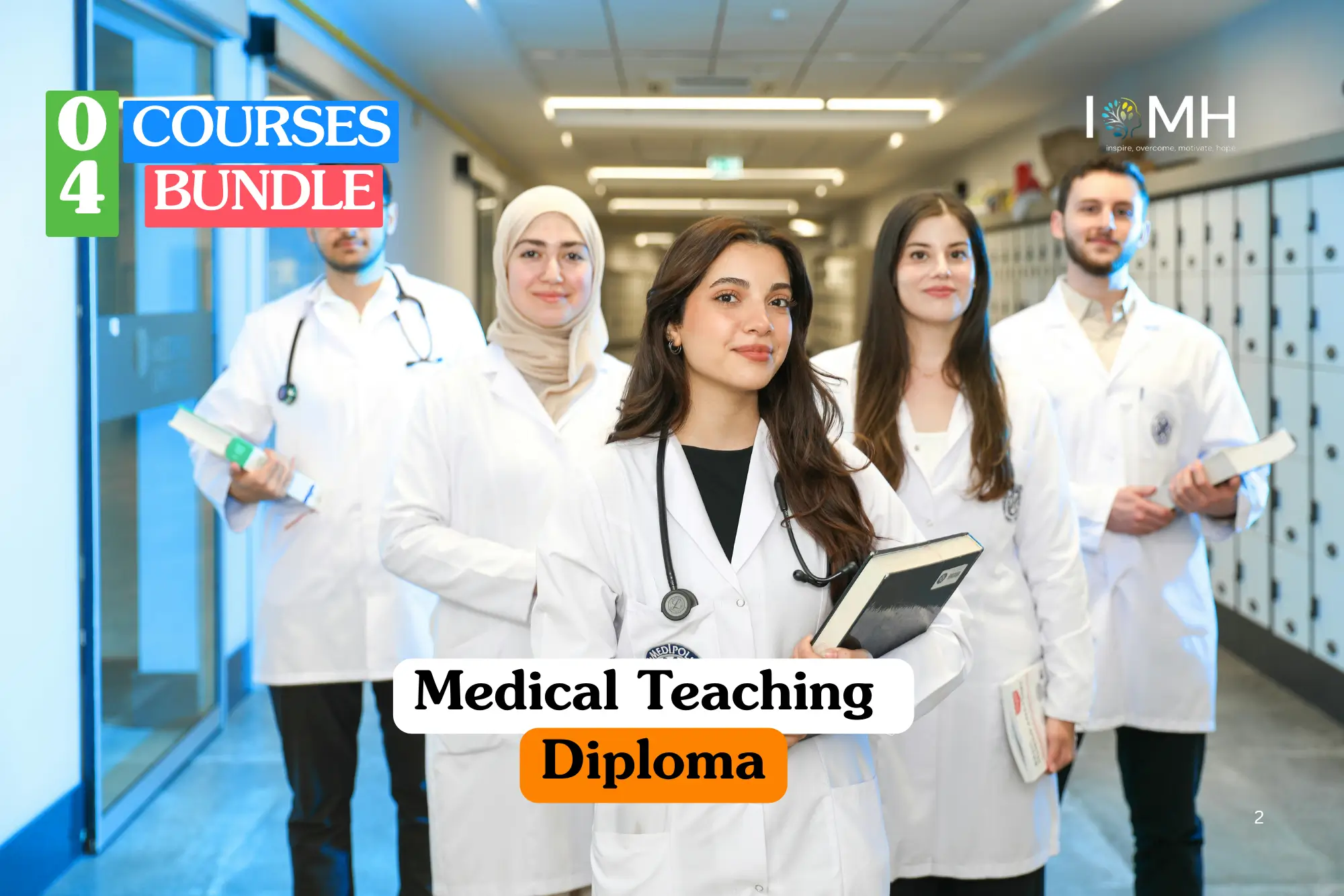 Theoretical medical education and clinical instruction training banner featuring a diverse group of five healthcare professionals in white laboratory coats standing in a modern hospital corridor while holding medical textbooks.